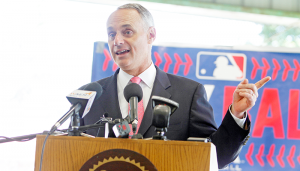 Commissioner Manfred, a Rome, N.Y. native, speaks to the media about the importance of baseball to America and its youth. Photo by Herm Card.