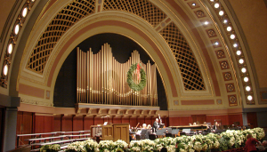 Hill Auditorium is celebrated for its perfect acoustics with the acoustically best seats in the middle of the mezzanine.