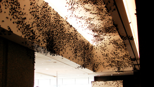 Artwork at Phoenix Art Museum depicting the annual migration of monarch butterfly from Canada to Mexico.