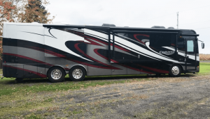 Pritchard’s 44-foot-long Forrest River Charleston RV boasts a number of amenities.