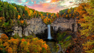 Taughannock Falls in Tompkins County. The falls carve a 400-foot deep gorge through layers of sandstone, shale and limestone that were once the bed of an ancient sea.