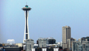 Space Needle, an iconic image of Seattle, seen from a boat tour.